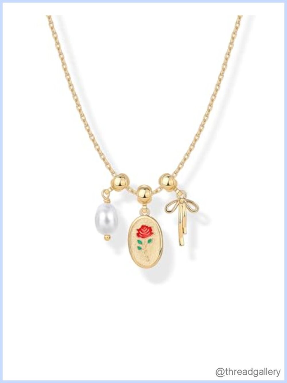 14K Gold Plated Charm Necklace Freshwater Pearl Rose Bow Pendant